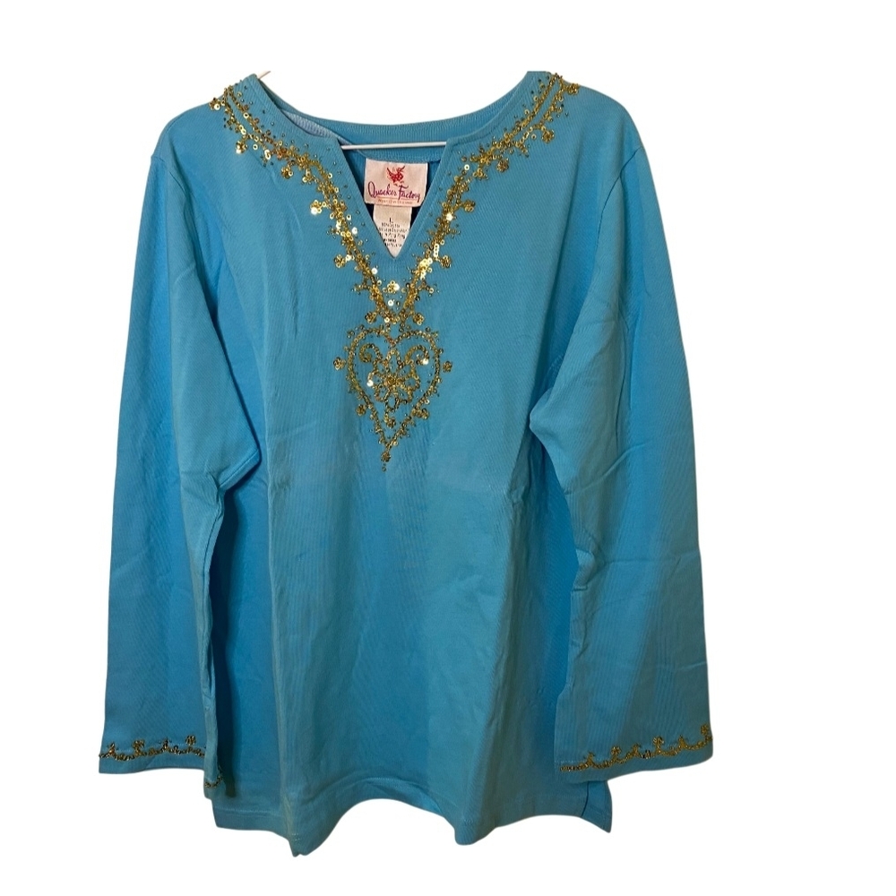 Quacker Factory 100% Cotton Blue Sweatshirt with Gold‎ Accents